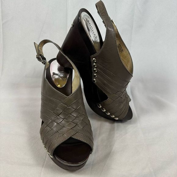 Michael Kors Shoes - Michael Kors Women’s Brown Leather Wedge Silver Studded Platform Sandals 8.5M